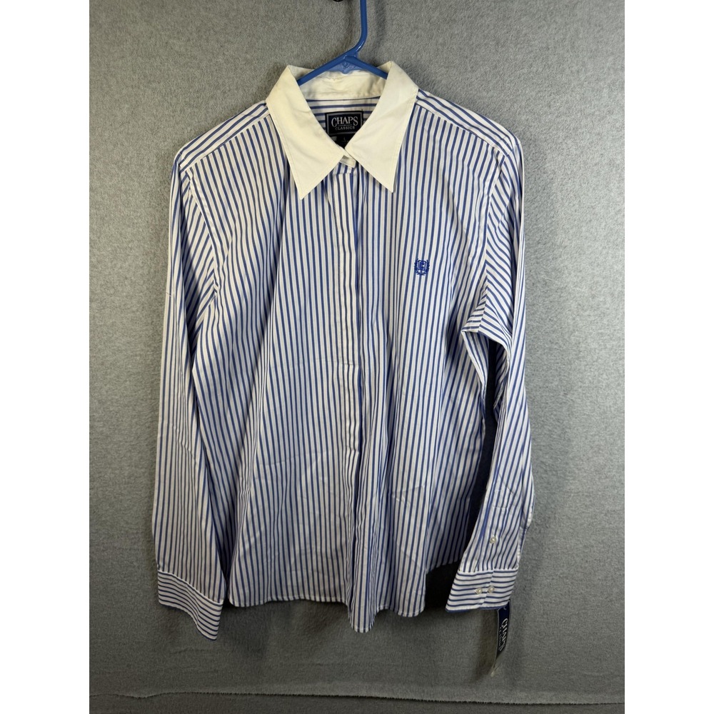 Chaps Shirt Mens Large Blue White Striped Contrast Collar Cotton‎ Dress